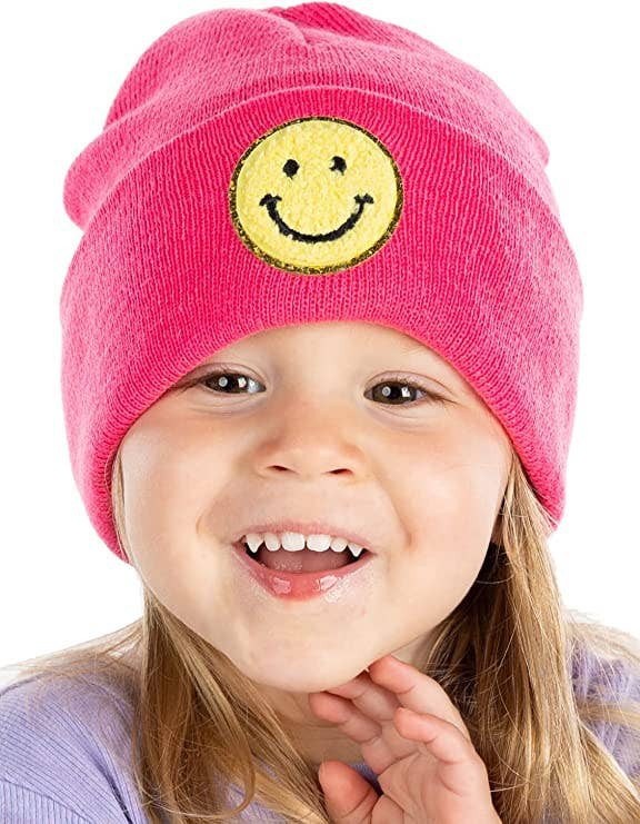 Kids Knit Winter Patch Hat, Candy Pink W/ Yellow