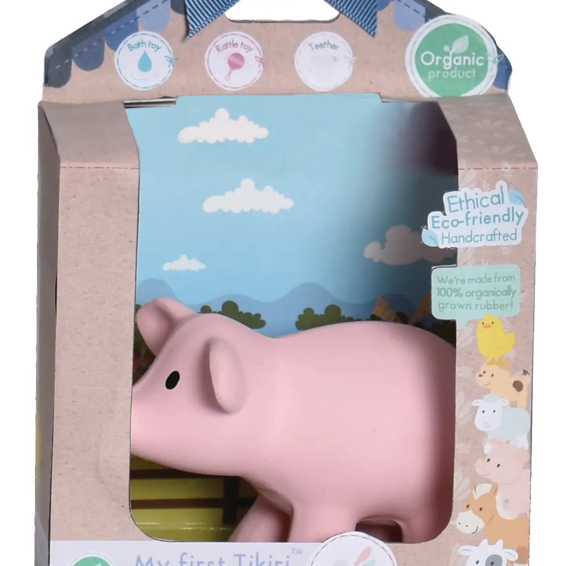 Pig Natural Organic Rubber Teether, Rattle & Bath Toy - Tikiri Toys
