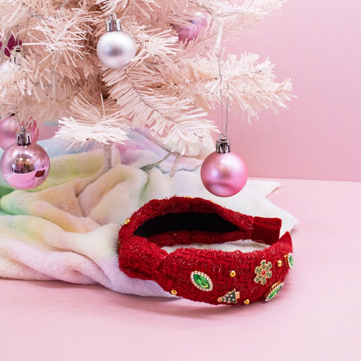 Christmas Knot Headband - Embellished Tweed Rhinestone Pearl
