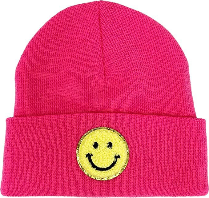 Kids Knit Winter Patch Hat, Candy Pink W/ Yellow