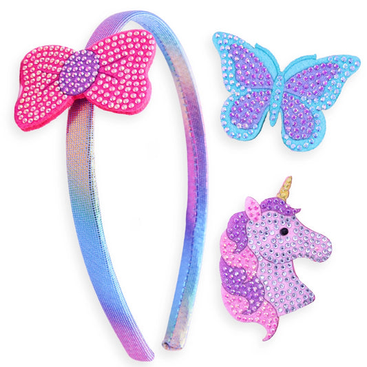 Rhinestone Charm Headband & Hair Clips - Unicorn/Butterfly/Bow - Frog Sac