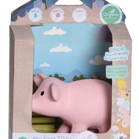 Pig Natural Organic Rubber Teether, Rattle & Bath Toy - Tikiri Toys